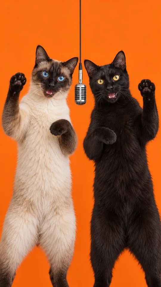 Two cats standing at human height in the Hotel Lobby booth