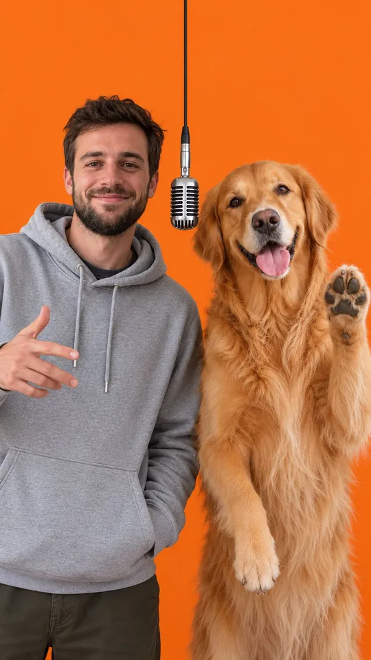 A man and his golden retriever performing in the Hotel Lobby booth