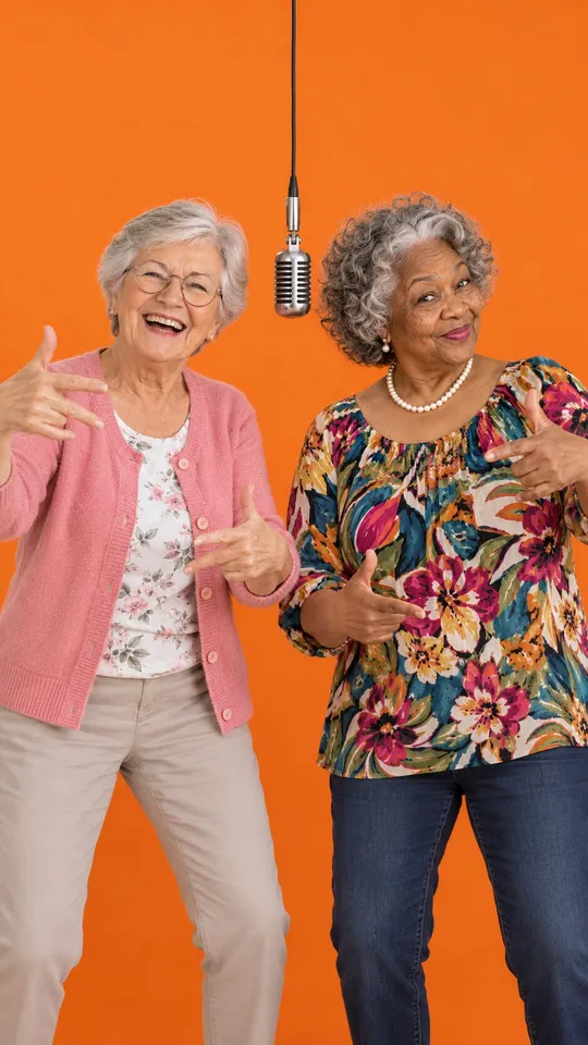 Two grandmas performing in the orange Hotel Lobby booth