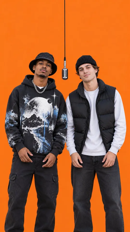 Two friends in streetwear rapping in the orange booth